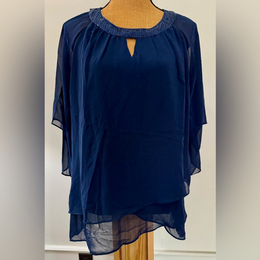 Navy Blue Sequin Neck Chiffon Layered Poncho Blouse Keyhole Flutter Sleeve Top